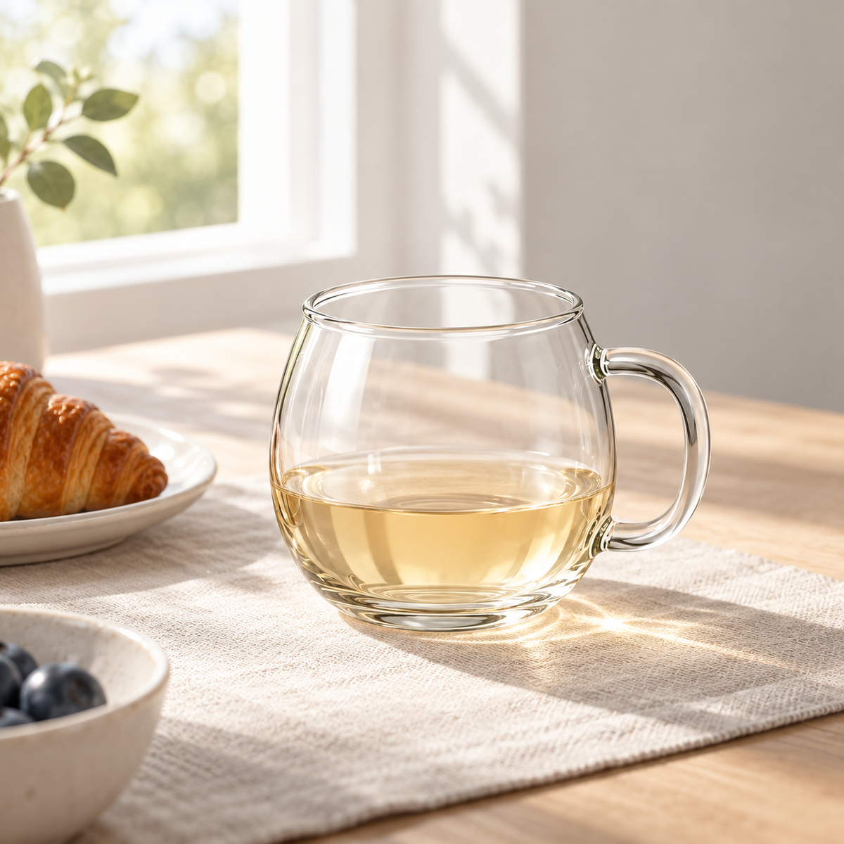 Miro Round Glass Mug Set - one cup in an everyday table setting