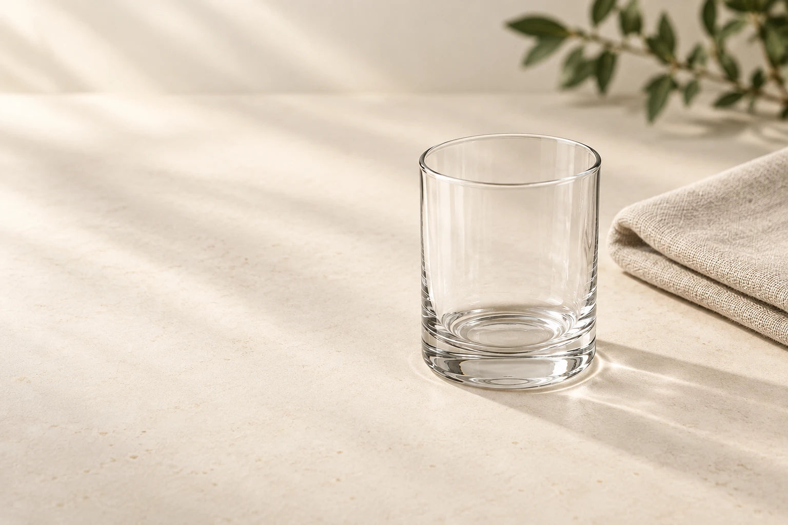 A clear cup and linen cloth on a pale stone surface