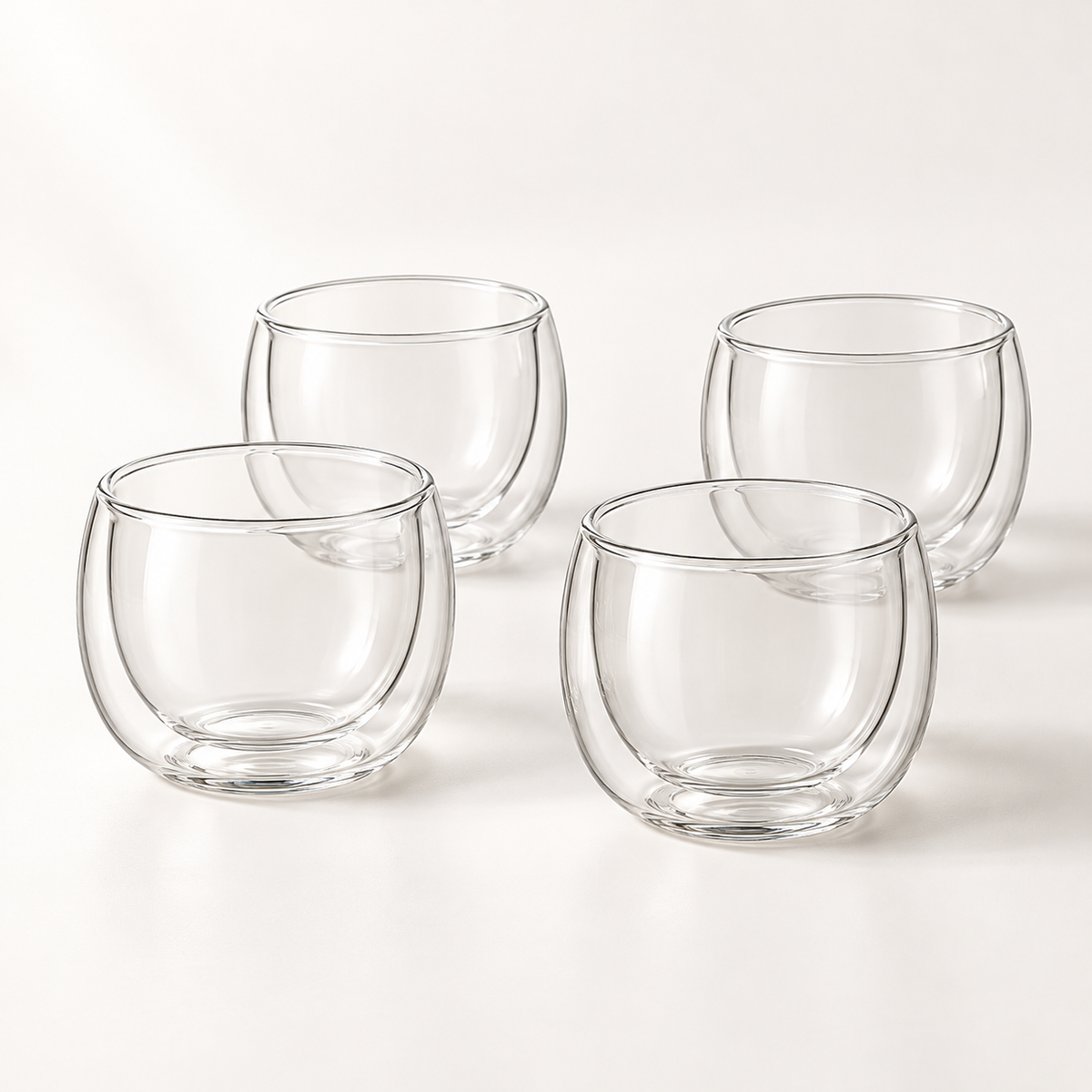 Pebble Rounded Double-Wall Cup Set - complete set of 4 clear glass cups
