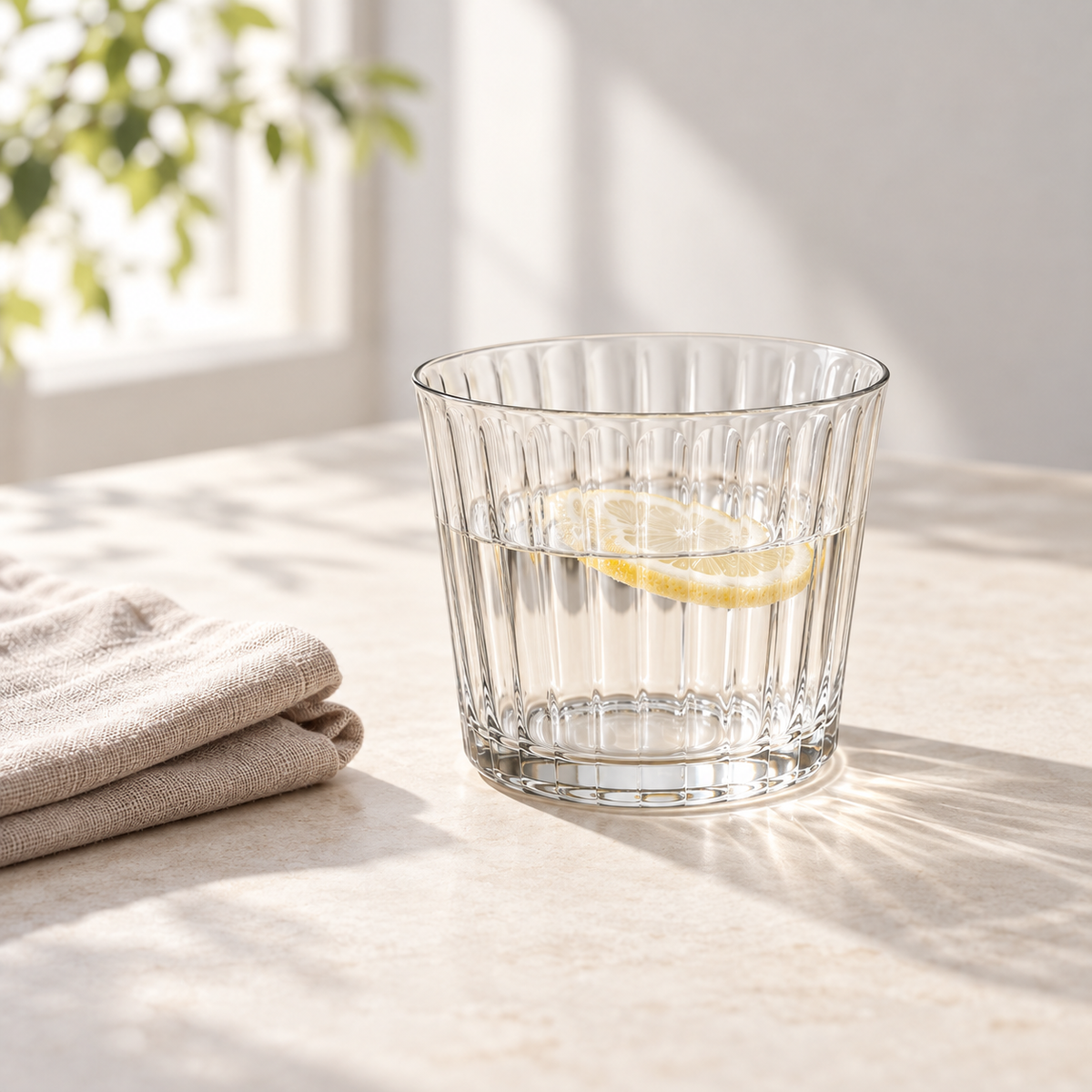 Rill Wide Flute Glass Set - one cup in an everyday table setting