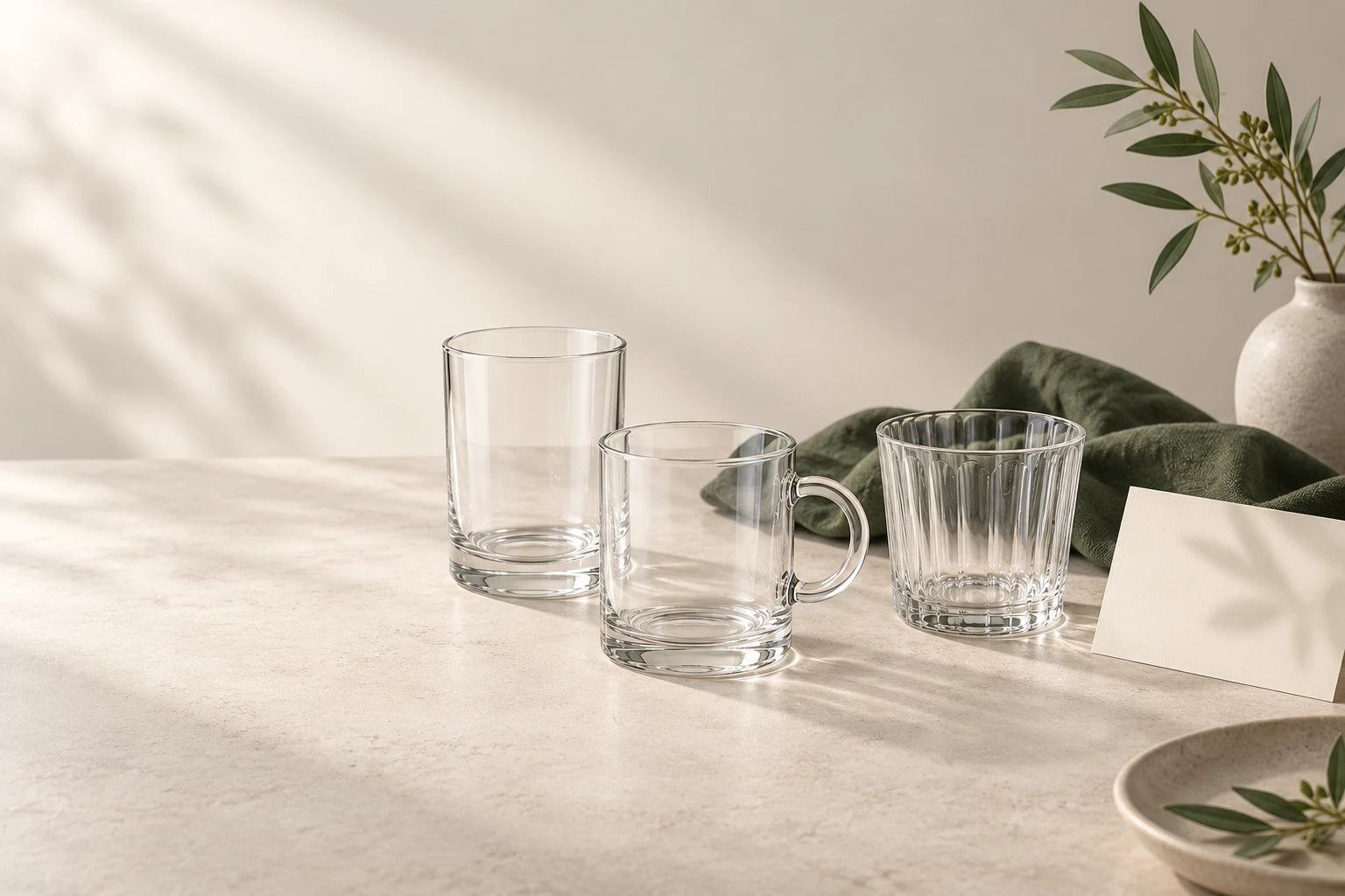 Clear cups arranged on a quiet everyday table